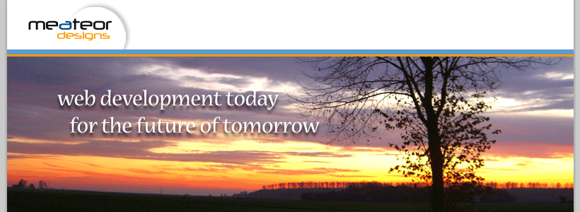 This is a header image for Meateor Designs.  This pictures shows the silhouette of a tree with a setting sun behind it.  Across the image is the text "web development today for the future of tomorrow".